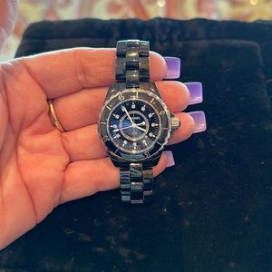 Chanel black J 12 Ceramic ladies watch with diamond dial size 33mm. Quartz